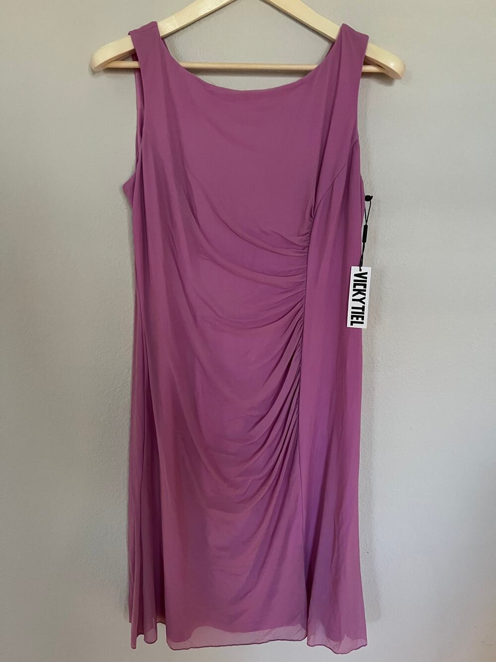 Vicky Tiel Midi Dress Lavender Large Sleeveless Ruched Mesh NWT